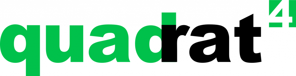 Das Logo von Quadrat4: Schriftzug in grün und schwarz mit hochgestellter 4
